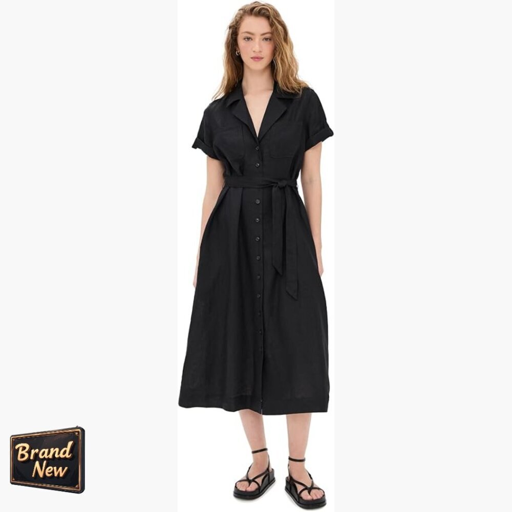 Linen Midi Shirt Dress With Button Front And Tie Waist